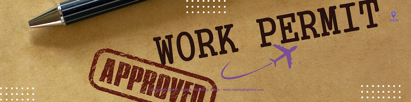 The words “ work permit approved” on brown background with pen and airplaine graphic