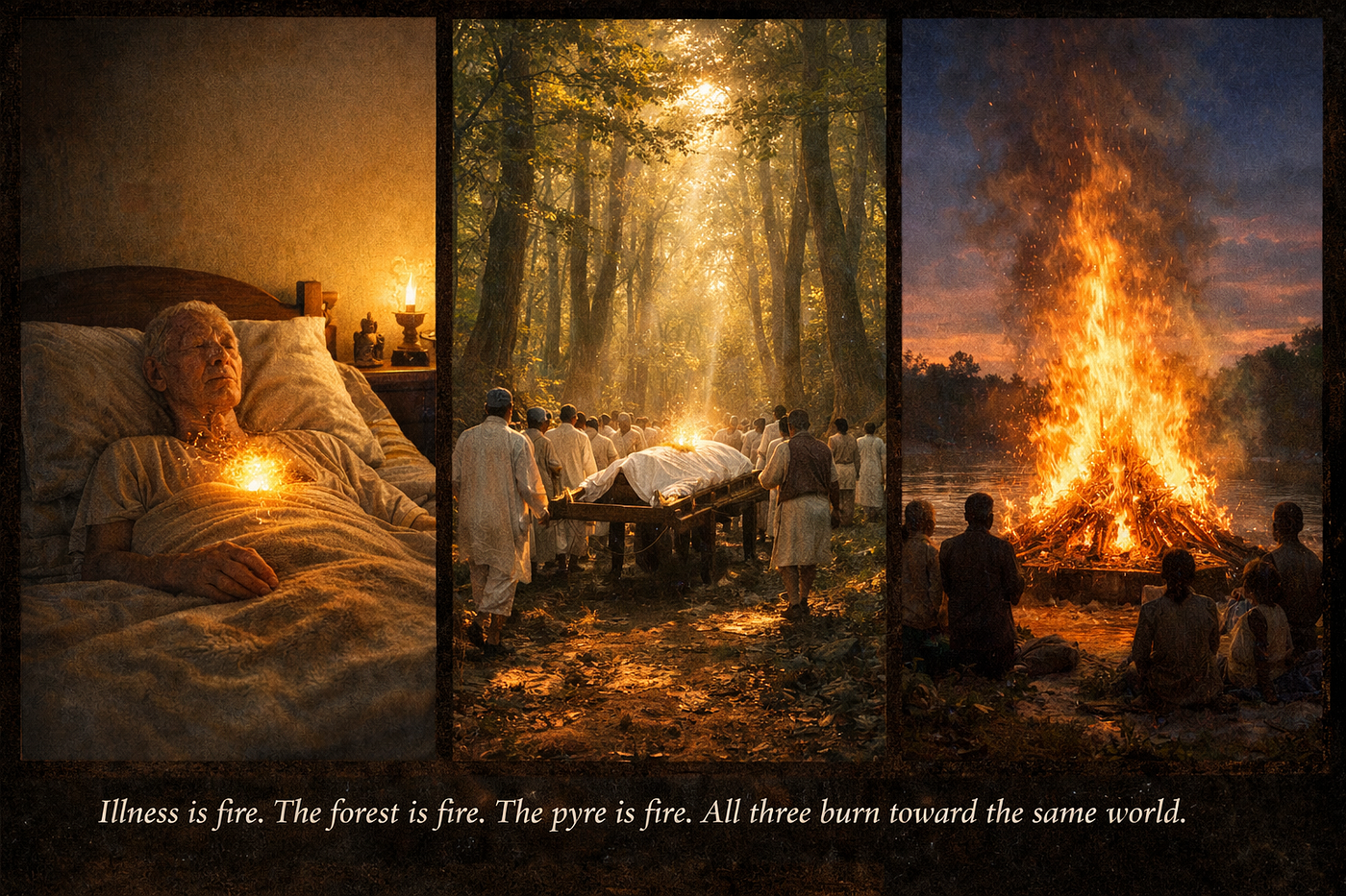 Brihadaranyaka Upanishad 5.11 — The three supreme austerities (paramam tapah): illness undergone with awareness, the body carried to the forest, the body laid into fire. Each wins the supreme world. The body itself is the final sacrifice.