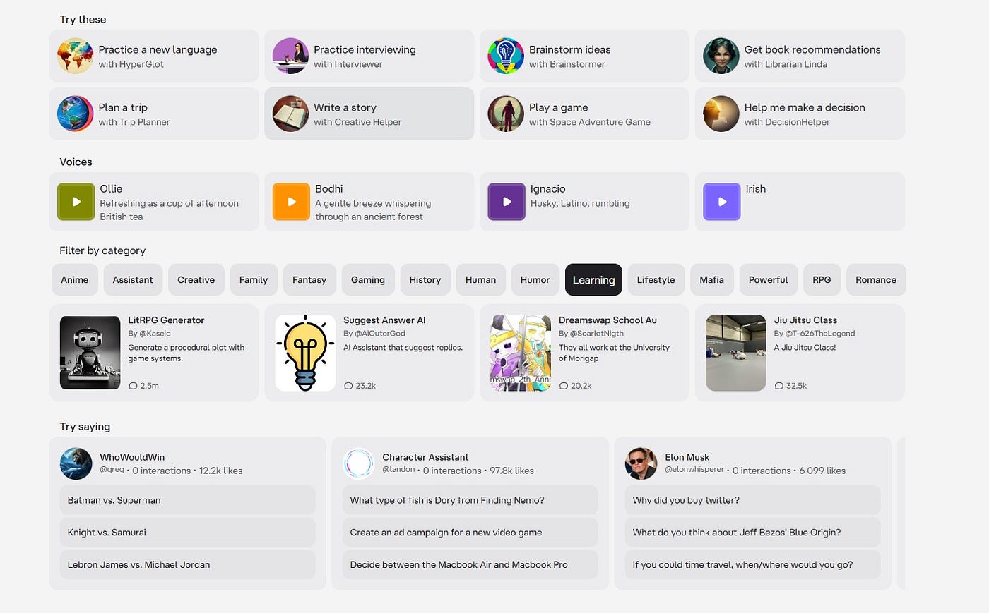 Screenshot of the Character.ai website taken by the author