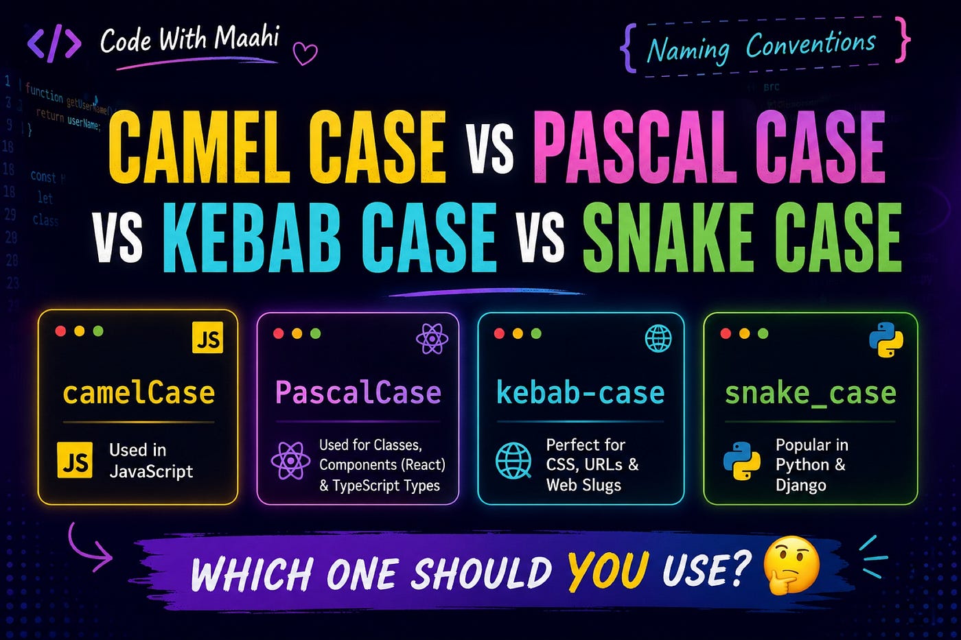 Camel Case vs Pascal Case vs Kebab Case vs Snake Case 🤔