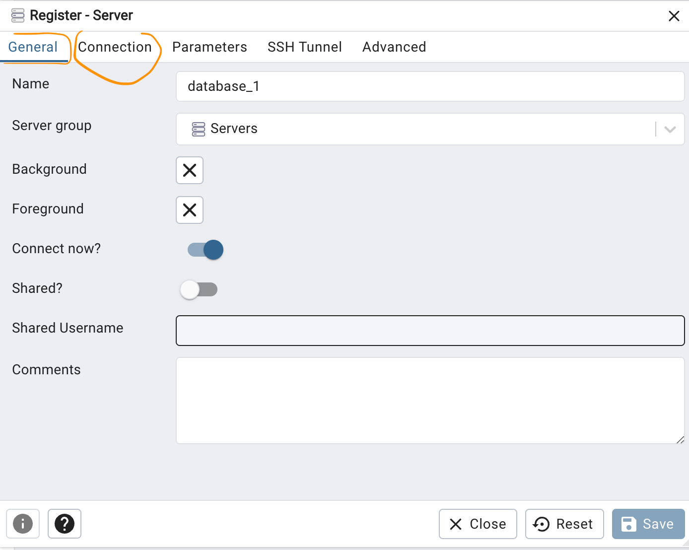 Specifying the server connection details.