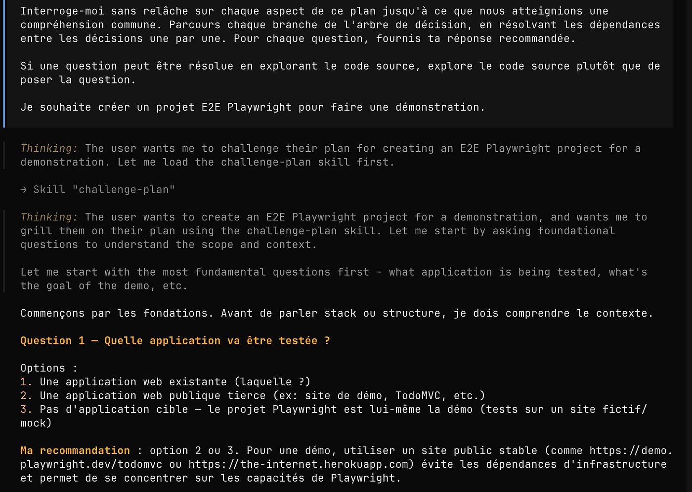 Utilisation d'une skill type "Socratic Prompting" pour réaliser un plan.