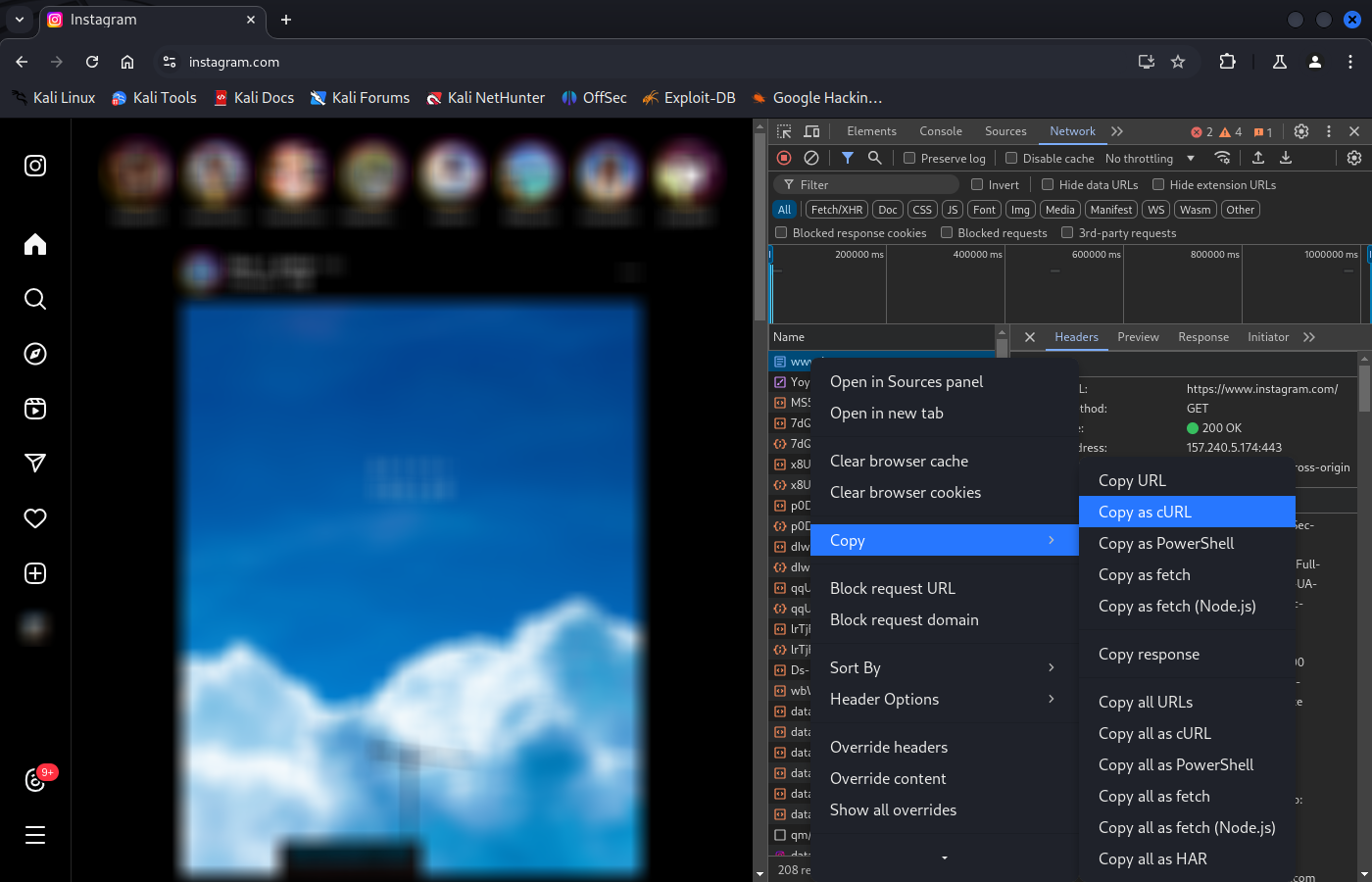 Copy request as curl in Google Chrome