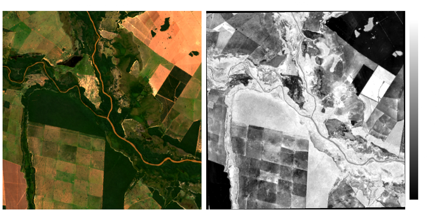 Comparação espectral da região do Rio do Pardo em Santa Rita do Pardo/MS utilizando o satélite Landsat 9. À esquerda, composição em Cor Verdadeira (RGB). À direita, NDWI de Gao (Normalized Difference Moisture Index), calculado a partir das bandas do Infravermelho Próximo (NIR) e do Infravermelho de Ondas Curtas (SWIR). Tons claros indicam maior teor de água na vegetação e no solo superficial, enquanto tons escuros indicam menor disponibilidade hídrica ou superfícies secas. As formações florestais e matas ciliares aparecem mais claras devido à elevada umidade armazenada nos tecidos vegetais. Áreas agrícolas apresentam variações tonais associadas ao estágio de desenvolvimento das culturas e ao conteúdo de água presente na cobertura vegetal. Solos expostos e superfícies secas tendem a apresentar valores baixos do índice, aparecendo em tons escuros. Diferentemente do NDWI de McFeeters, este índice não foi desenvolvido para delimitar corpos d’água, mas para monitorar a condição hídrica da vegetação e identificar sinais de estresse hídrico em ecossistemas naturais e áreas agrícolas. Visualização gerada com Google Earth Engine via Python (Jupyter Notebook) e geocanvas, biblioteca de visualização de dados geoespaciais desenvolvida pelo autor.
