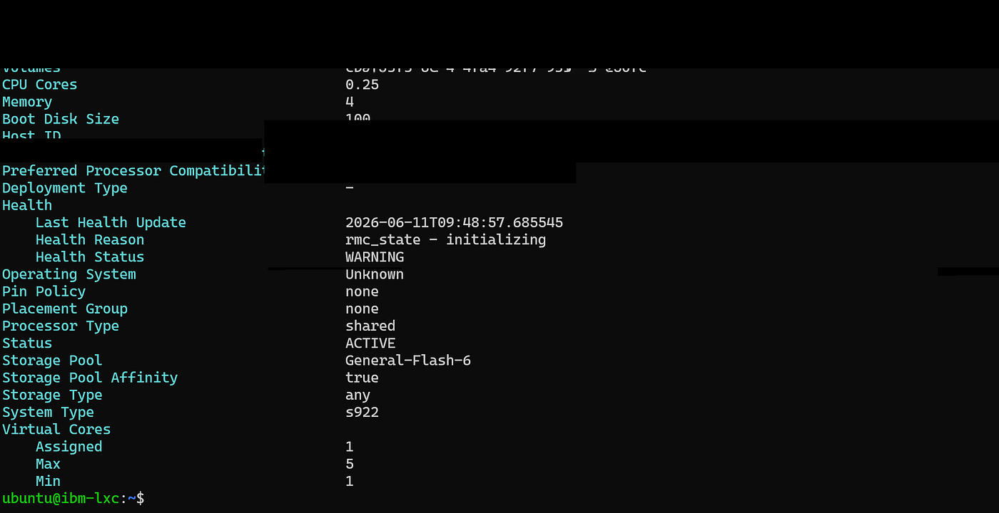 pi instance get — Status: ACTIVE, System Type: s922, POWER9 compatibility mode, shared processor