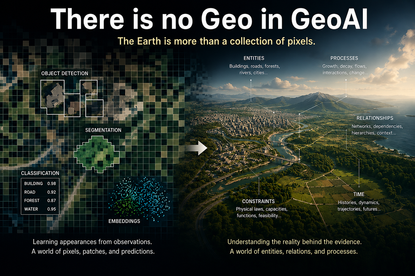 The current state of GeoAI is The architecture is still framed as: more sensing → better model → better decisions. I think, that sensing the Earth is not the same as understanding the Earth.