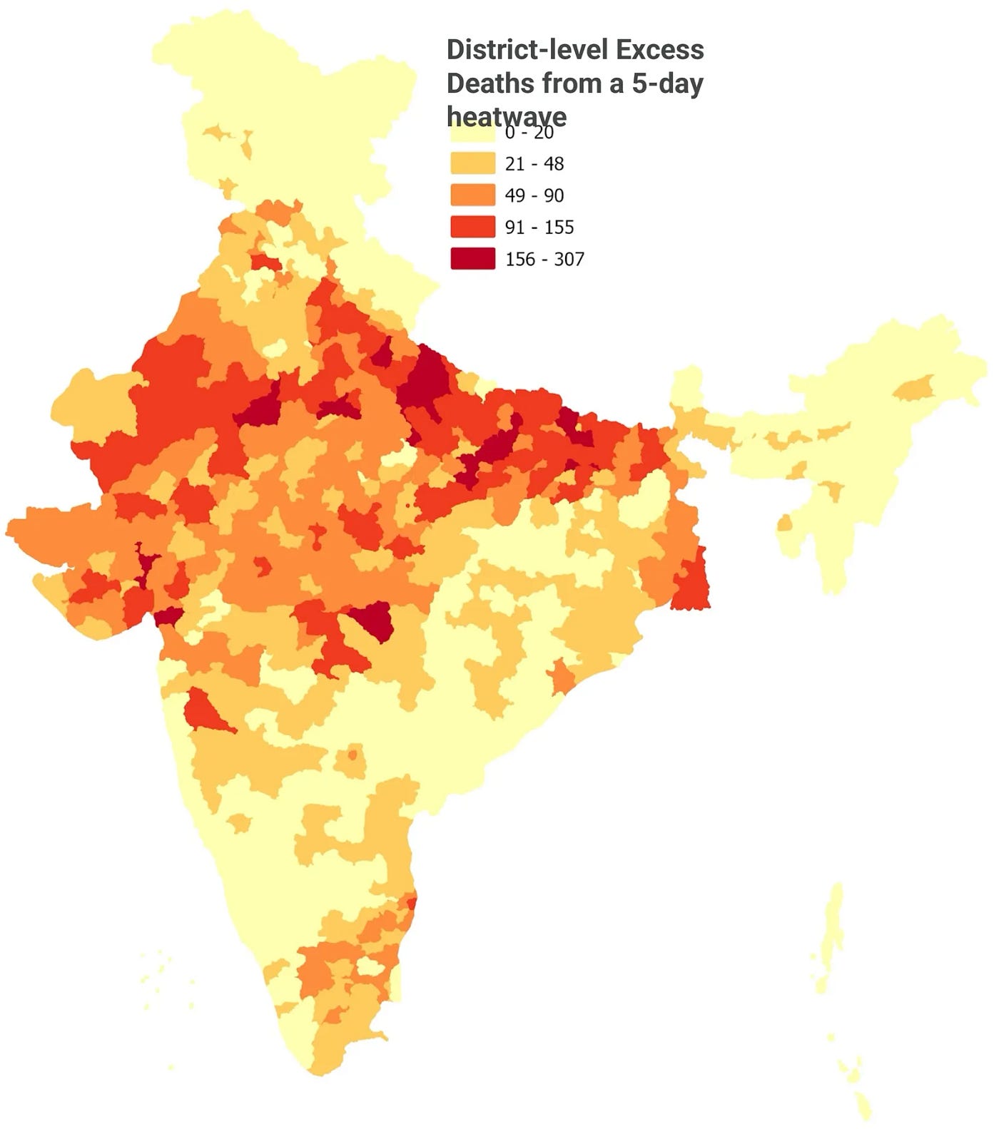 District-level distribution of excess deaths during a five-day heatwave (Source: Estimating heatwave-induced excess mortality in India’s districts)