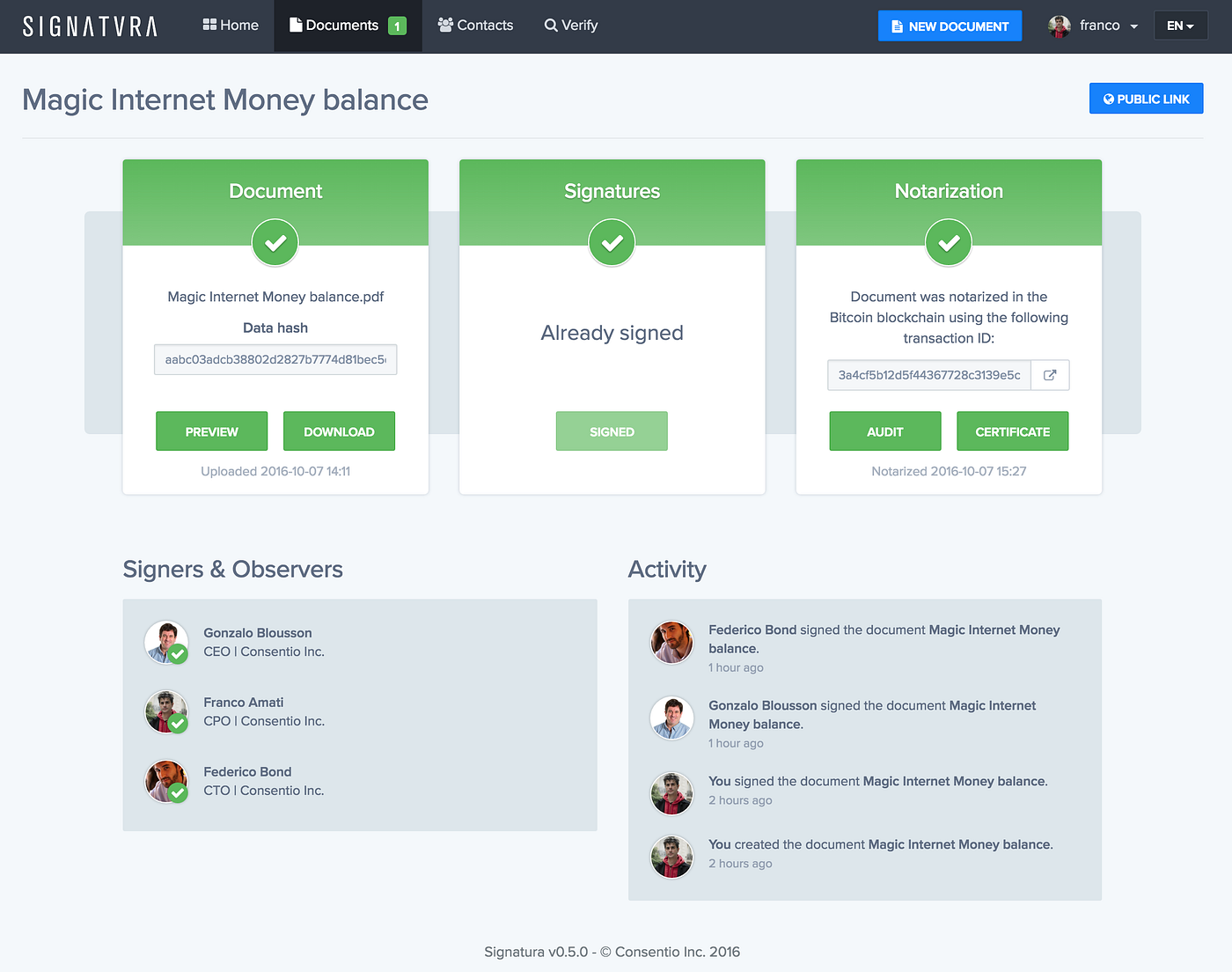 Introducing Signatura: document signing on the blockchain | by Franco Amati  | Signatura blog