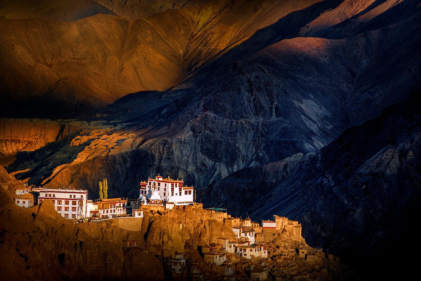Ancient monastery illuminated by golden Himalayan light, Leh Ladakh.