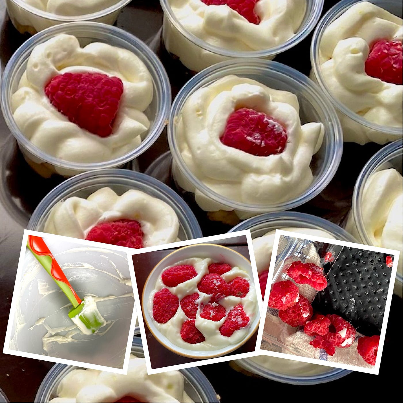 Author’s collage of Lemon Raspberry Dessert cups…I scraped what was left over into a small ramikan dish & plopped 9 raspberries on top — my reward for my “work” 😋
