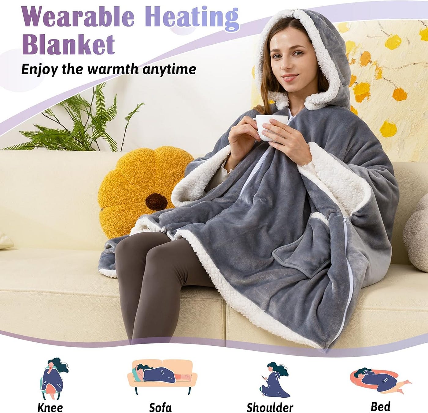 Wearable Heated Blanket Heated Shawl, Electric Throw Blanket with Zipper Design, Hood, Heated…