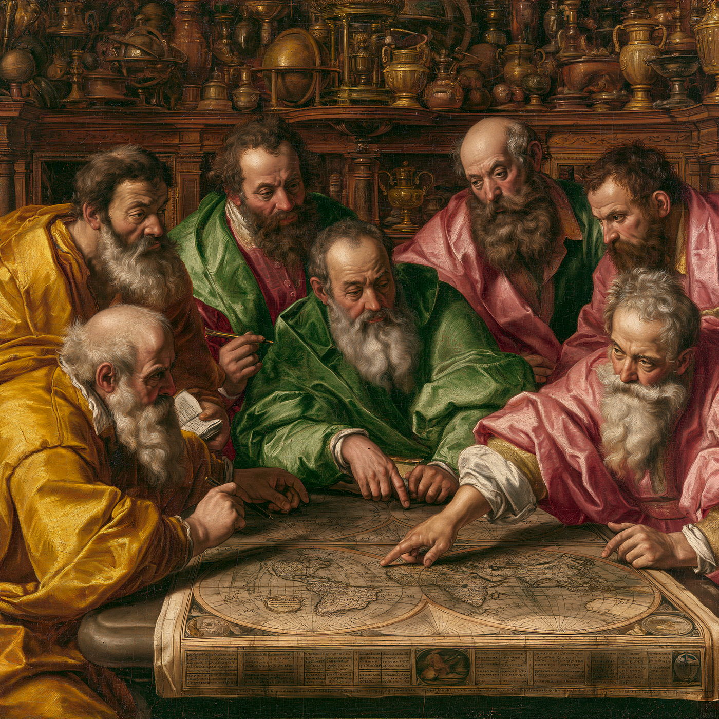 an image of philosophers discussing their flat earth map — created by the author in Midjourney v8.1
