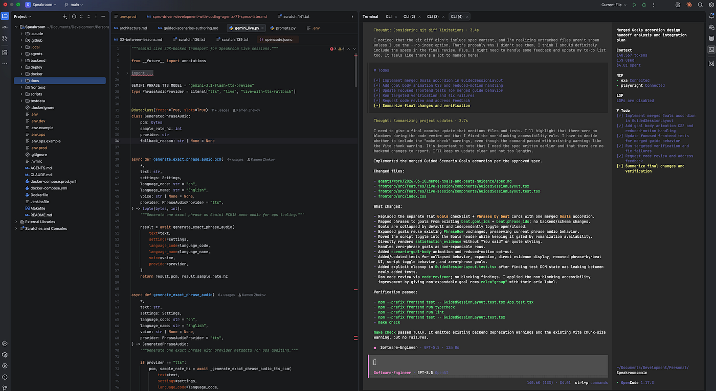 Screenshot of using OpenCode for Speakroom | Kamen Zhekov
