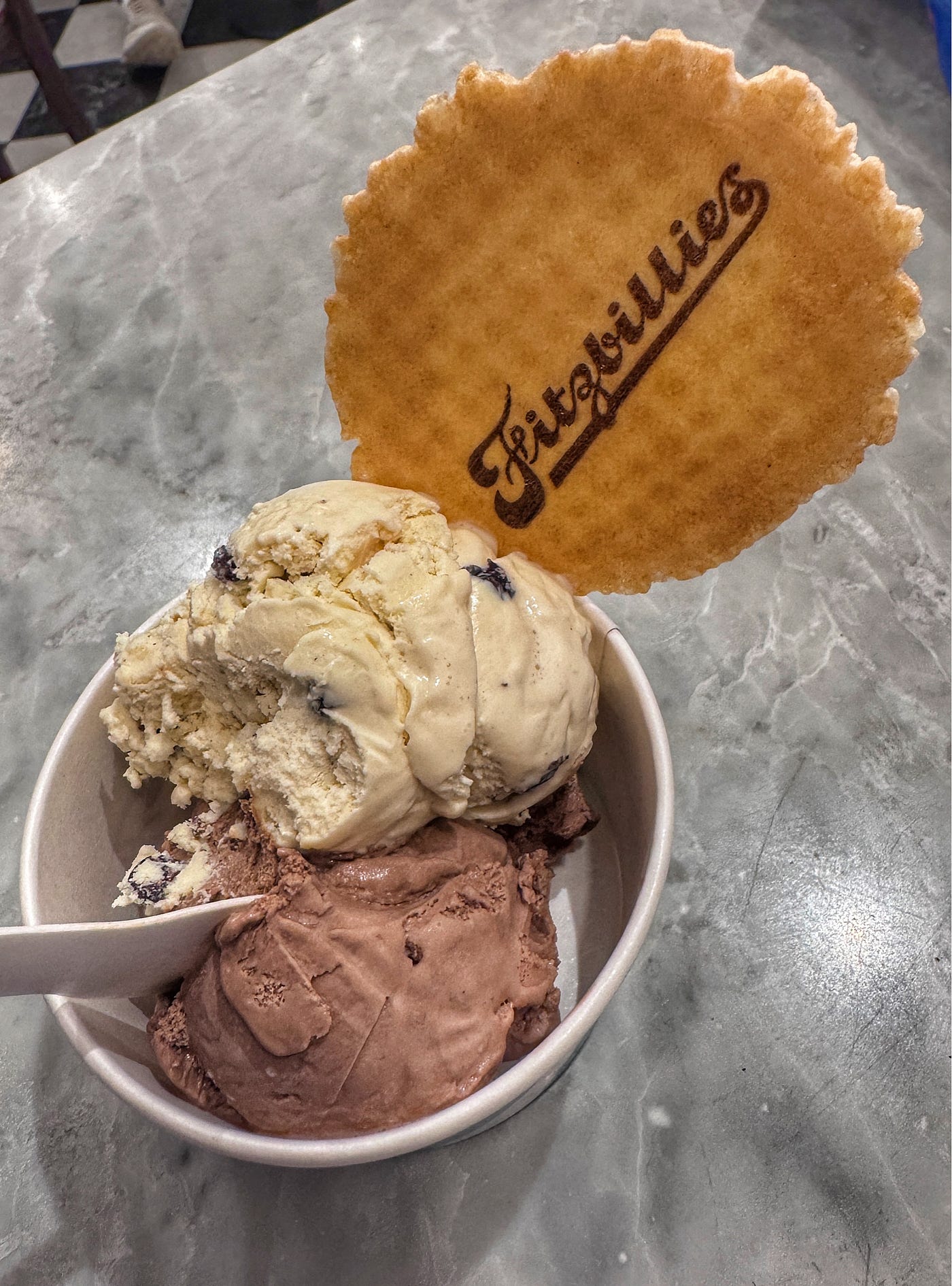 Fitzbillies Chelsea bun and chocolate ice cream. Photo by MyriadPhoto © 2026.