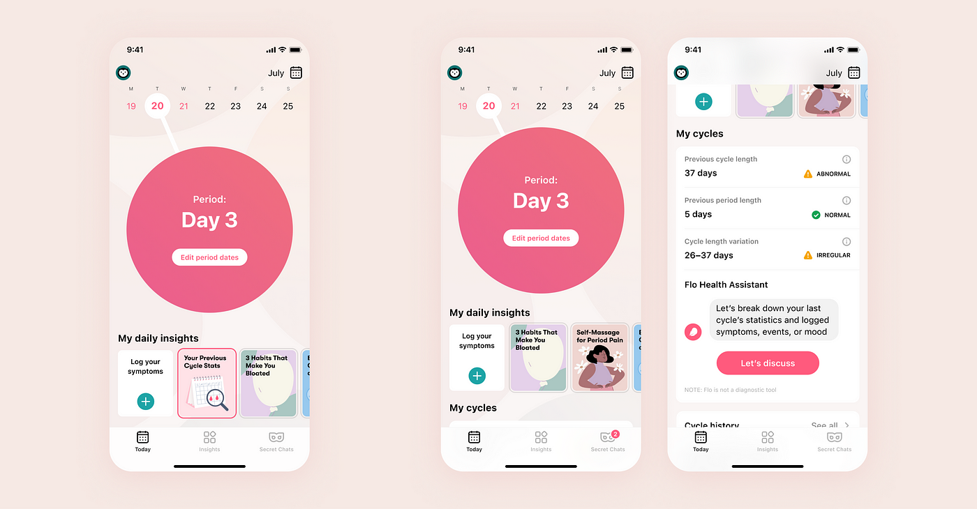 How we evolved and enriched the main screen of the Flo app. Part 1 — My  daily insights, by Alina Shipulina, Flo Health UK