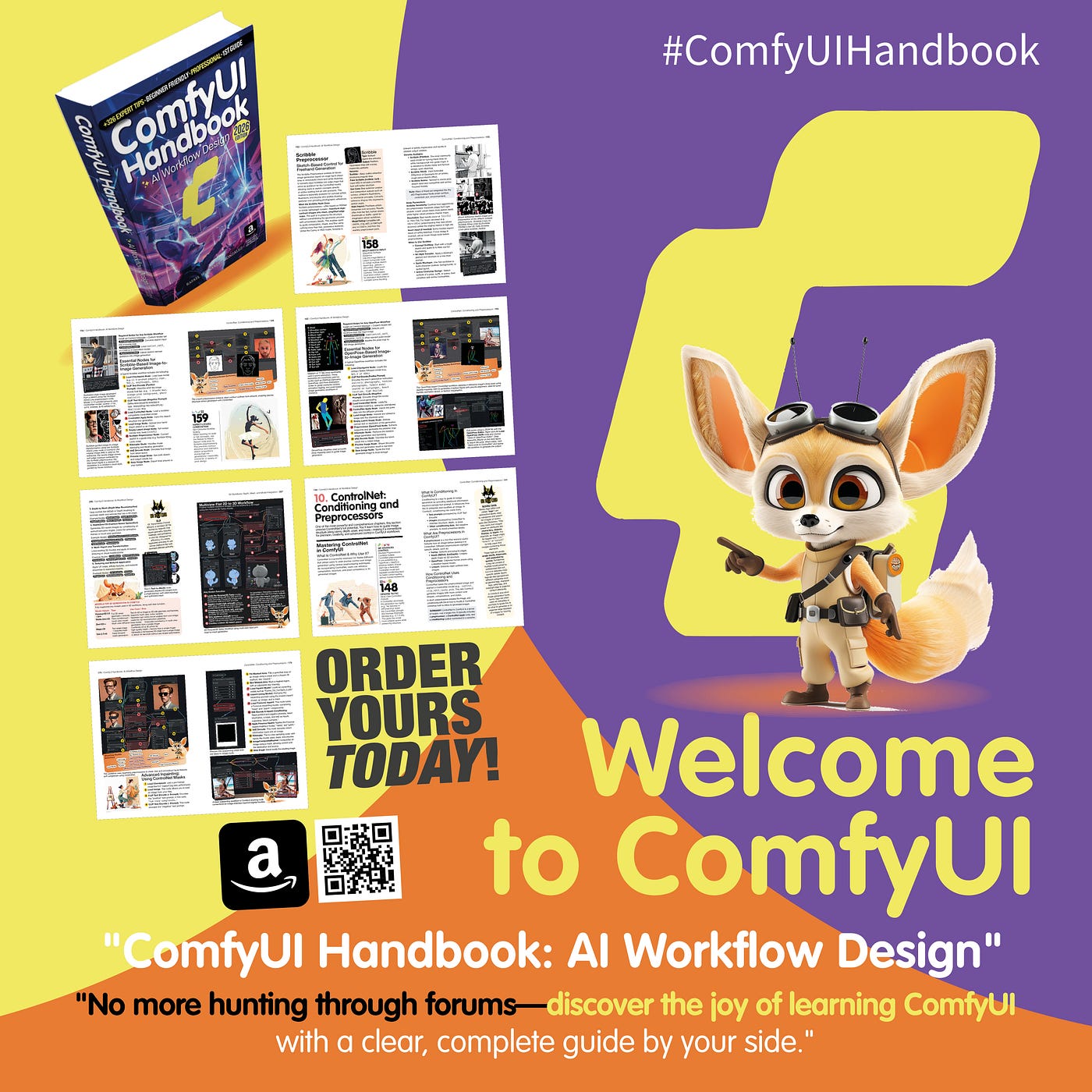 Example workflow layout from the ComfyUI Handbook: AI Workflow Design — redesigned for optimal readability at small sizes and print quality.