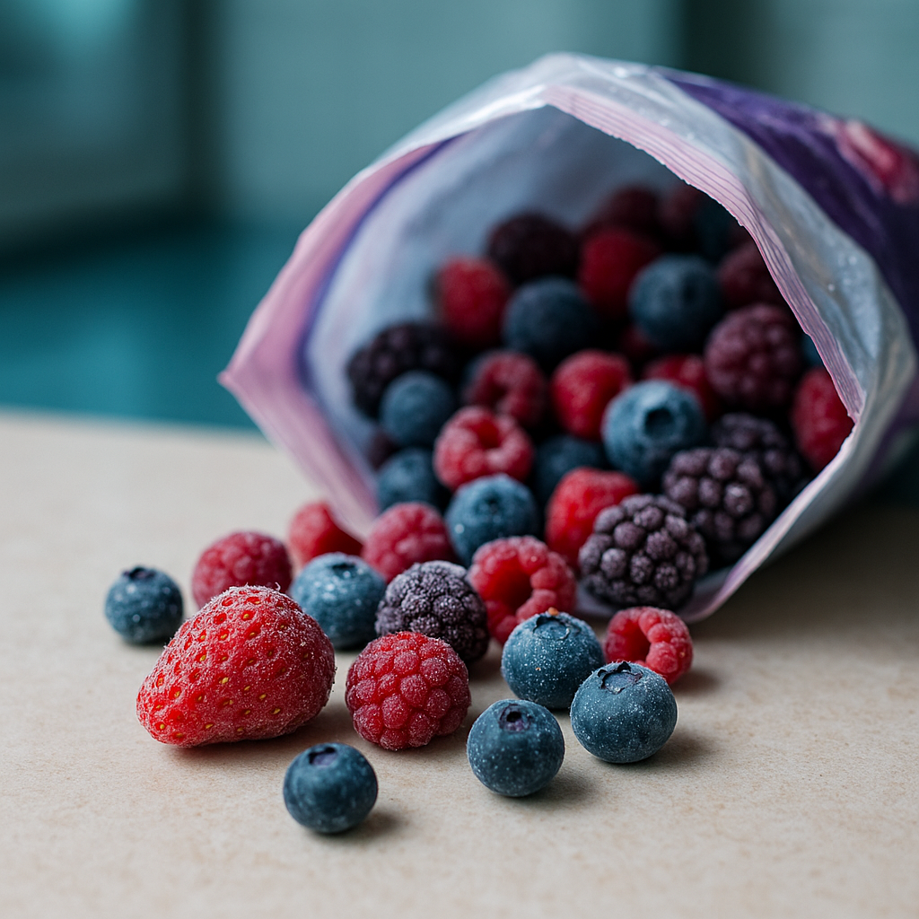 냉동 혼합 베리가 비닐 봉지에서 조리대 위로 쏟아져 나왔고, 과일에 서리 결정이 보였다.<BR>