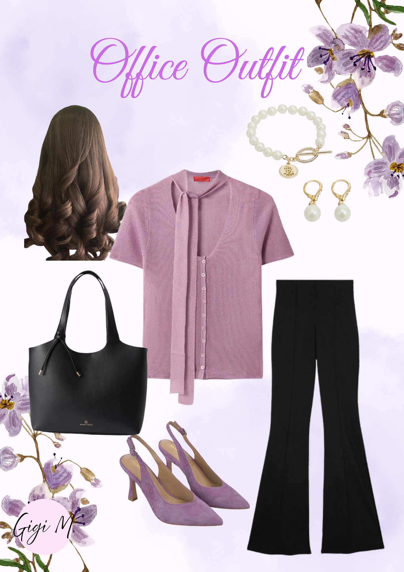 Office Outfit Inspiration — Lilac Top, Black Pants & Soft Purple Heels