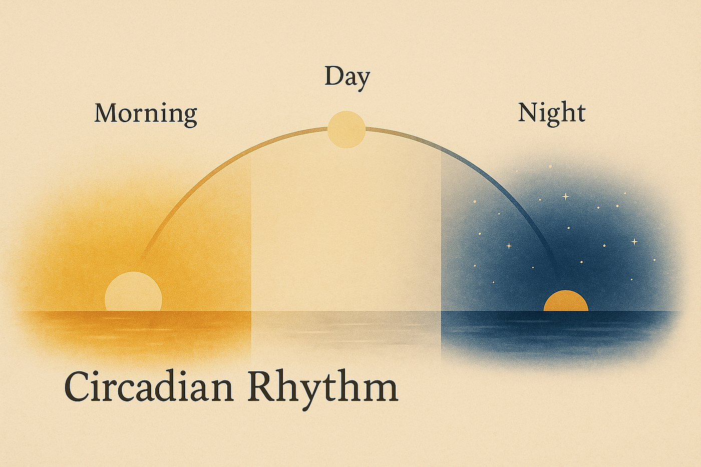 아침, 정오, 밤의 일광 단계를 태양 곡선을 따라 나타낸 미니멀리스트 생체 리듬 그림으로, 일광 패턴이 생물학적 리듬을 어떻게 조절하는지 상징적으로 보여줍니다.<BR>