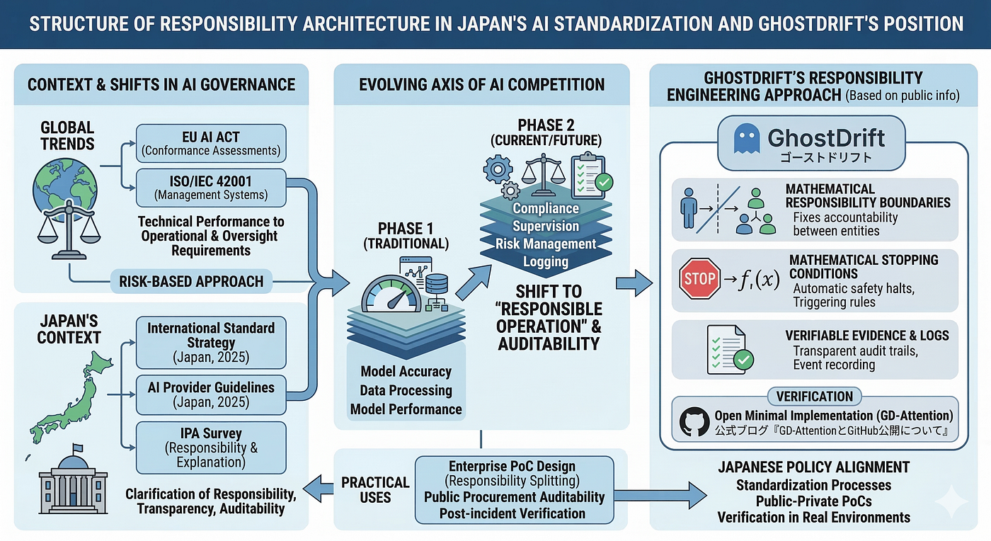 Japan’s AI Standards Strategy and Responsibility Architecture: Where GhostDrift Fits