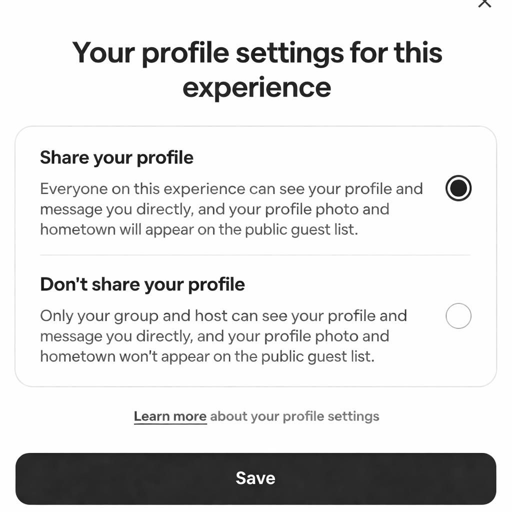 Dialog titled “Your profile settings for this experience” with two radio-button options — selected “Share your profile” and unselected “Don’t share your profile” — plus a “Save” button at the bottom.