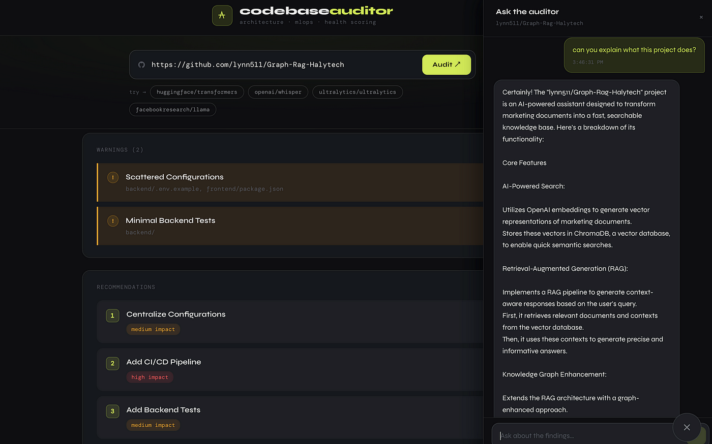 Image of the Chat bot functionality in CodeBase auditor