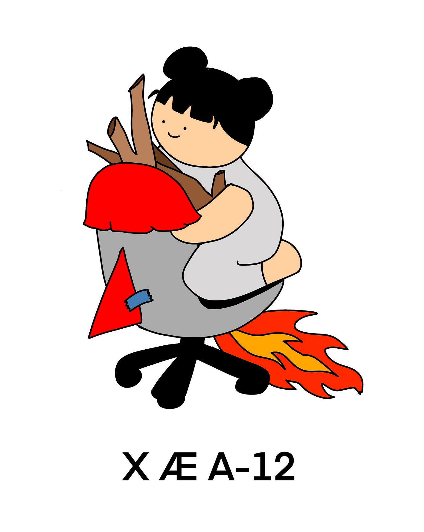 A person sitting backwards on an office chair with paper taped to it make it look like a rocket taking off.