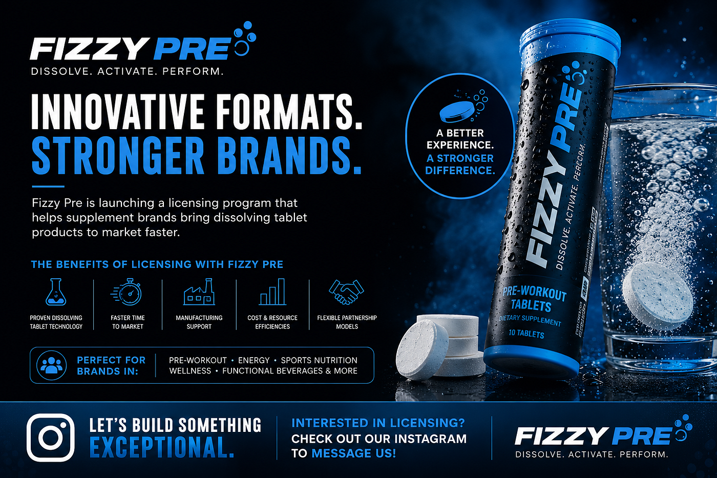 At Fizzy Pre, we’re launching our licensing program to help supplement brands bring dissolving tablet products to market without starting from scratch.