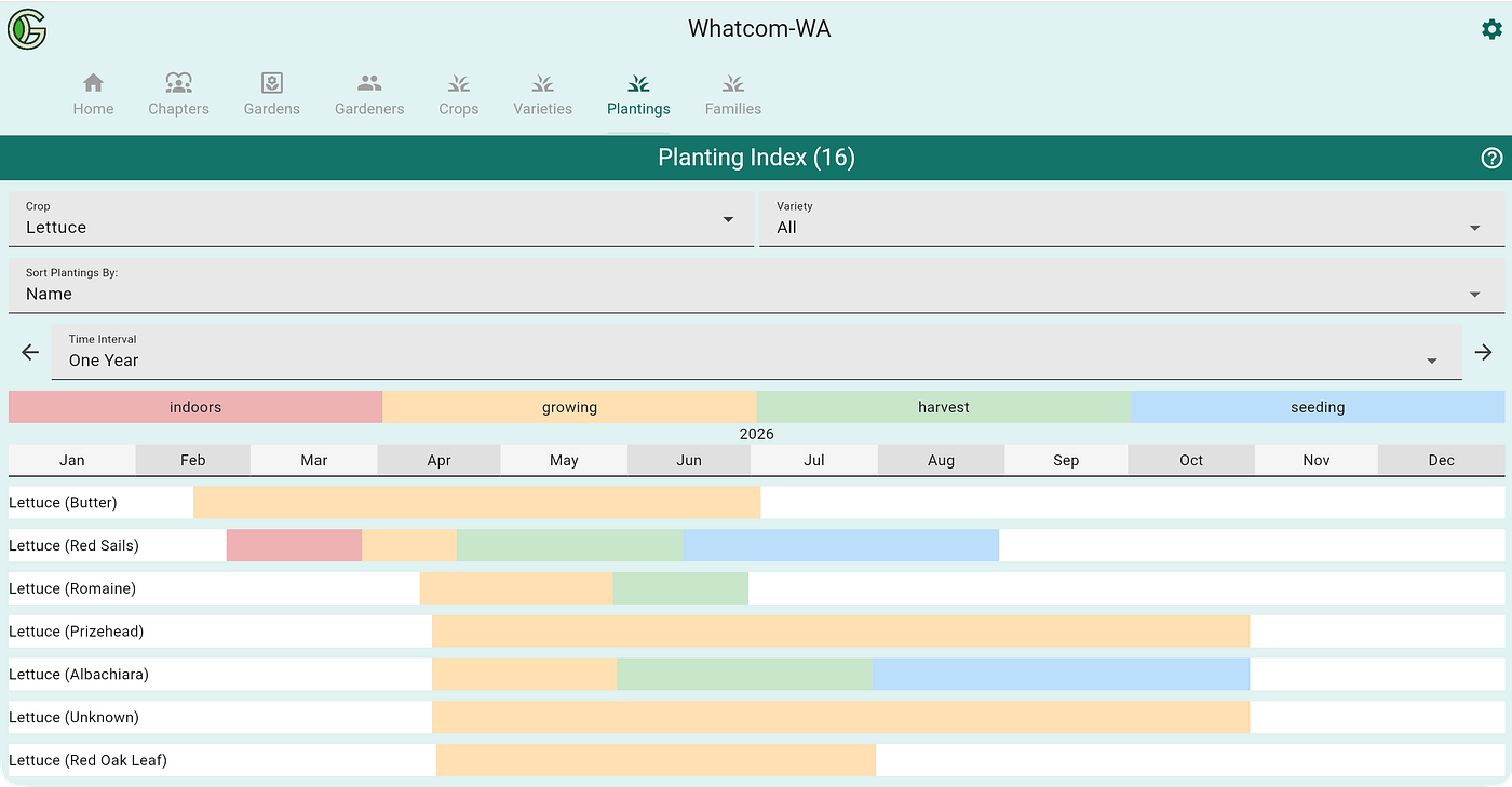 GeoGardenClub’s Planting Index displays all plantings for a local chapter. Here I have filtered to see only lettuce crops being grown in my area.