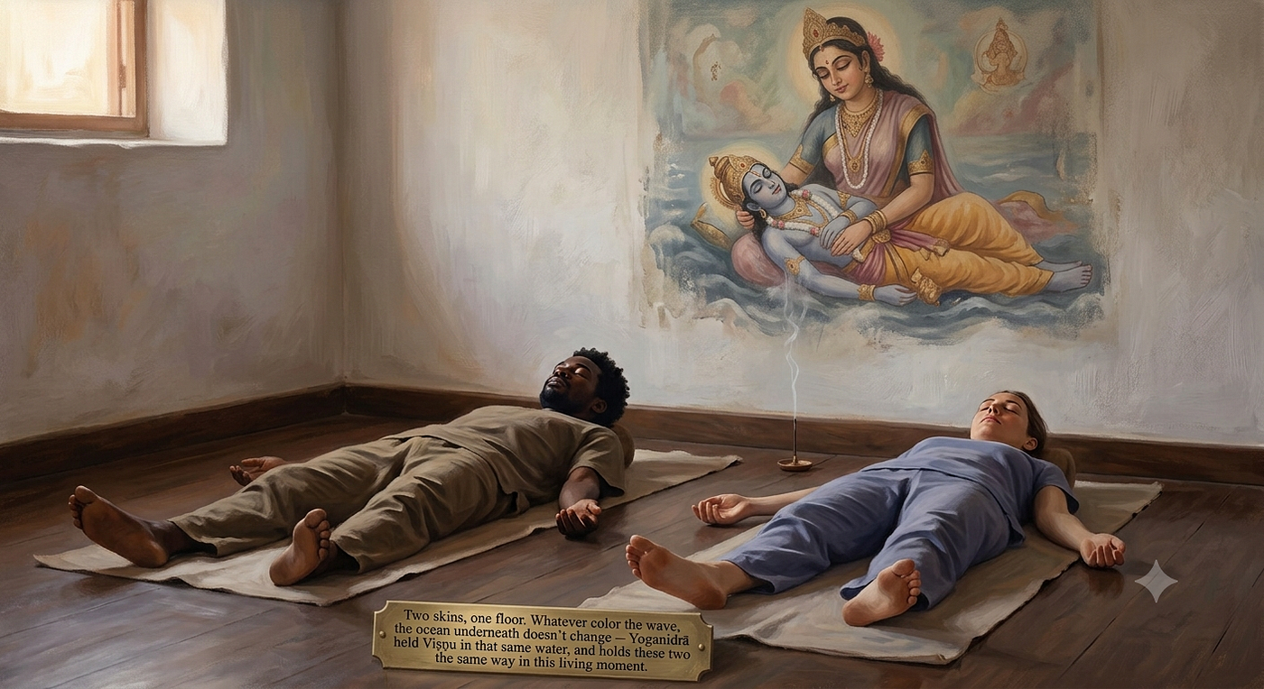 Painted in the same unhurried hand as the goddess above them, the two sleepers stop reading as separate from the myth on the wall — one continuous surface, human and divine sharing the same brushstroke.
