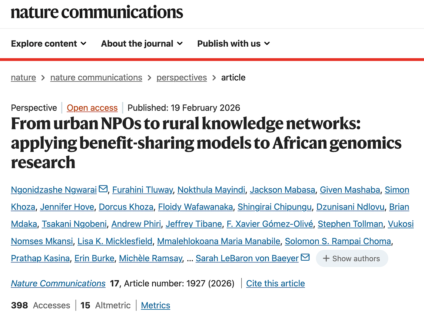 Collaborating with Research Partners in South Africa on a Paper Published in Nature Communications