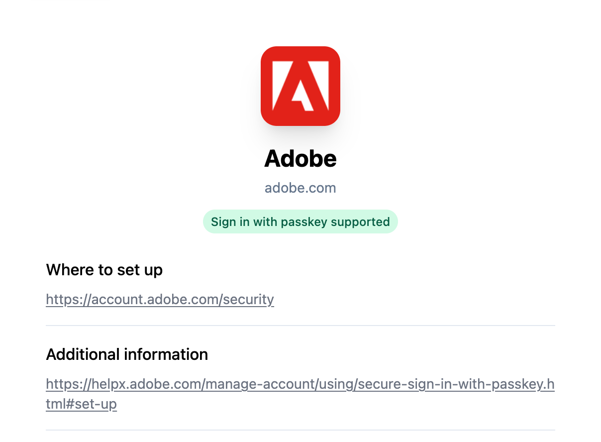Example of the instructions for setting up a passkey for Adobe