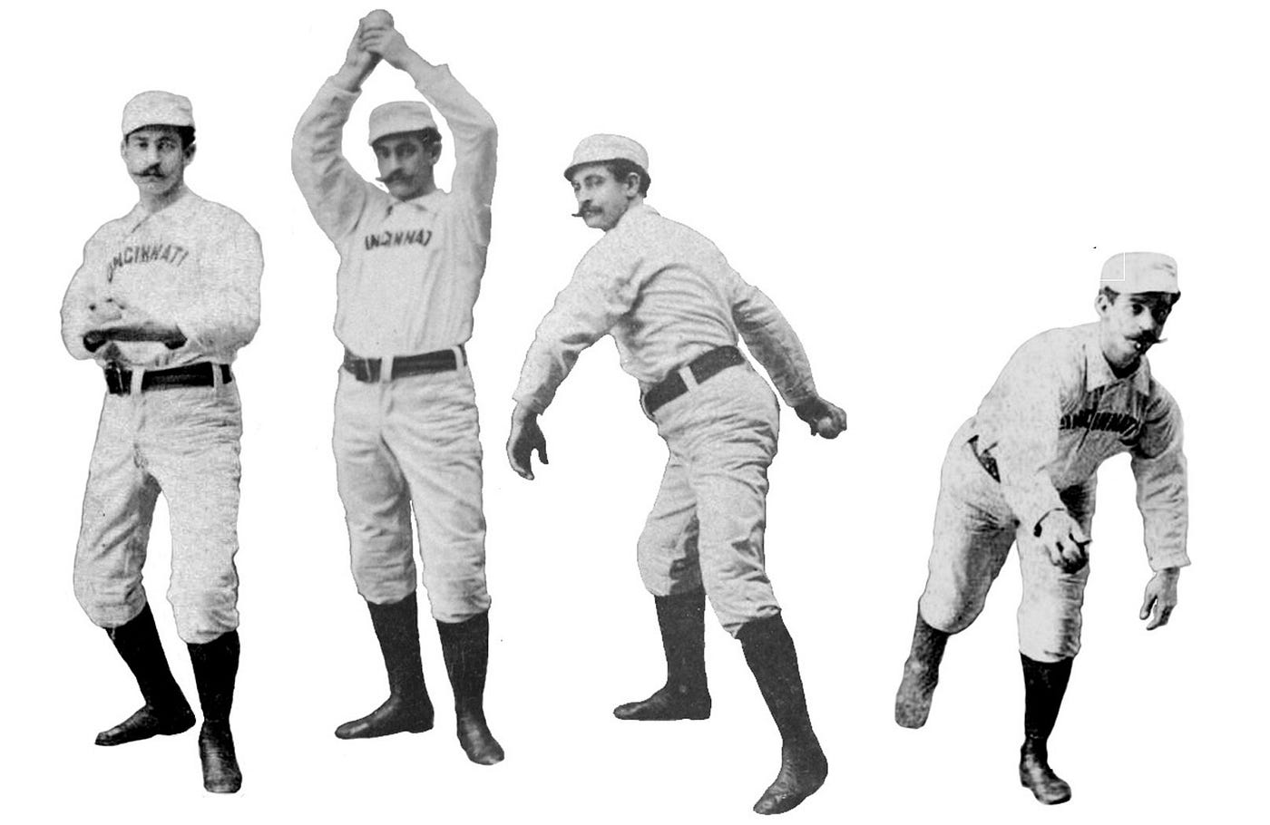 Tony Mullane from 1888 Old Judge baseball cards. Note the dangling left arm in the fourth image. 1880’s pitchers had not yet learned to generate rotational torque with their non-throwing arms. The arms just seem to hang there in most photos like an arm on a T-Rex. In my opinion, with the possible exception of John Clarkson, they did not throw 90 miles an hour yet. Photos of Tim Keefe, available on line, also show this.