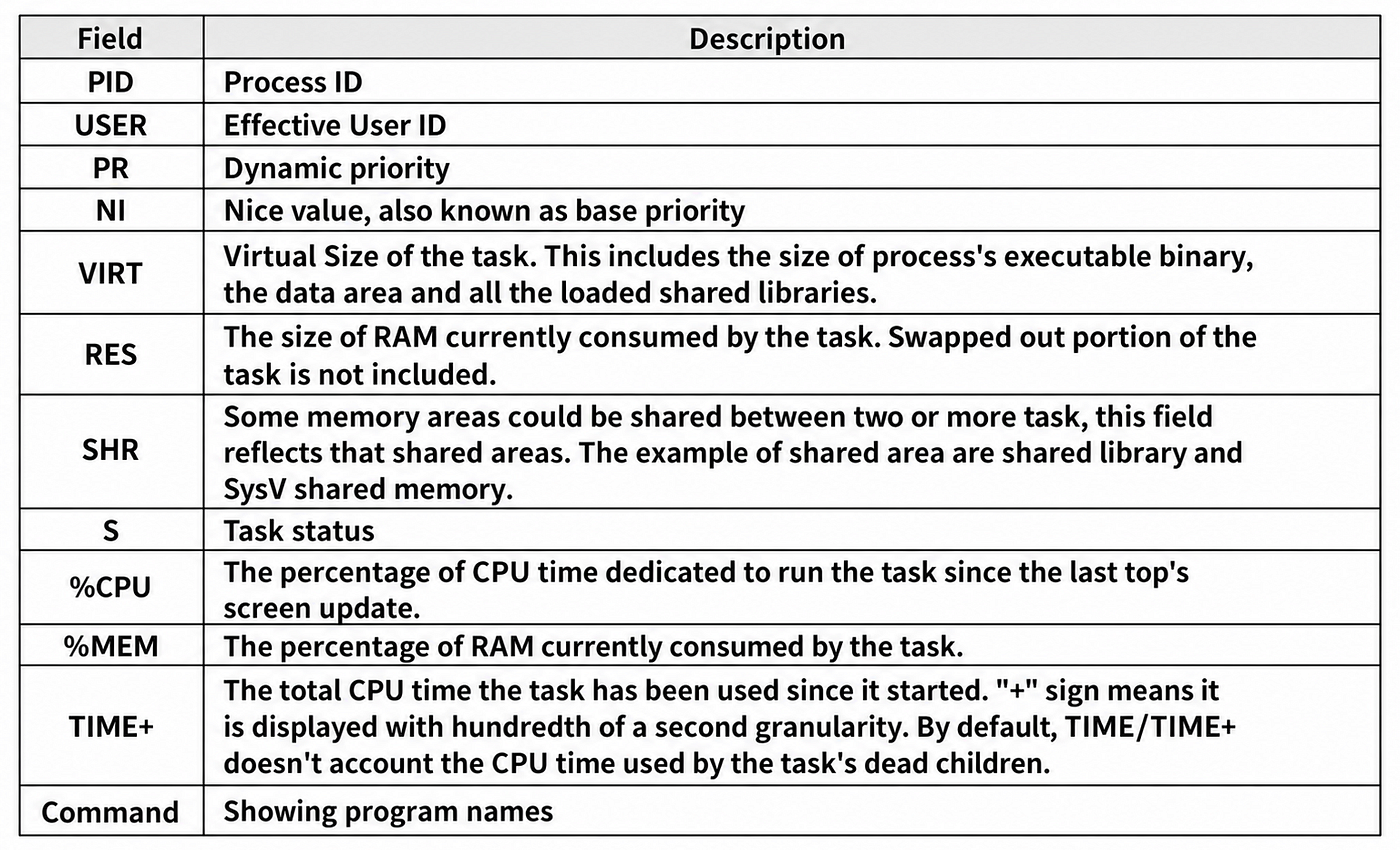 top starts by displaying the following process statistics — screenshot created for educational purposes by the author