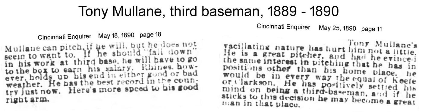 Tony Mullane wrecked his 1889 and 1890 seasons by trying to be a third baseman. The Reds went along with this ridiculous cosplay.
