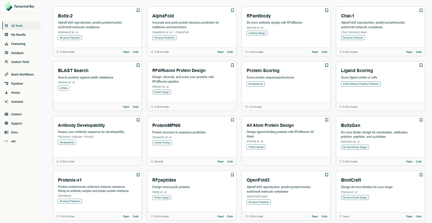 Screenshot from tamarind Bio’s website, showing some of the tools they support.