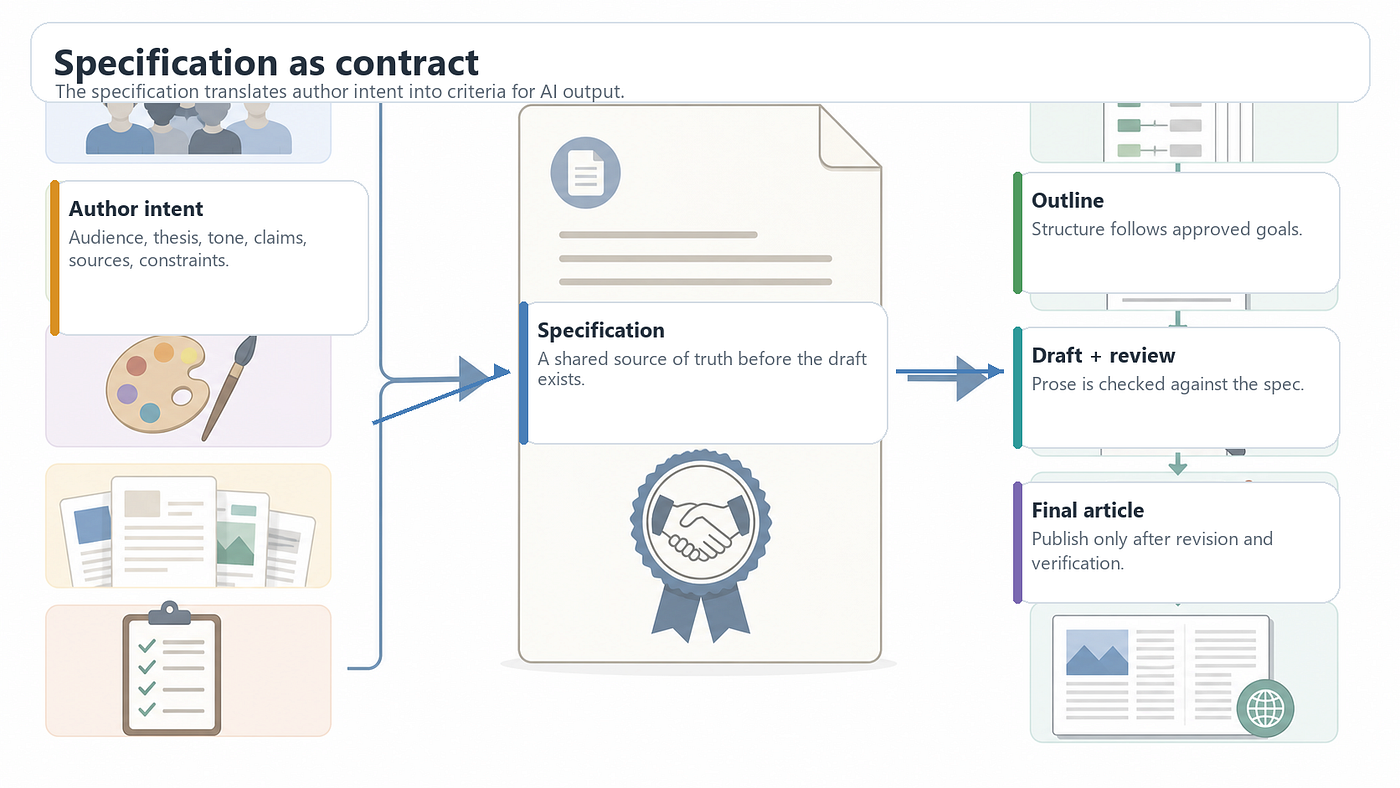 Figure 3. The specification translates author intent into criteria the AI draft can be judged against. Source: author-created AI-assisted illustration.