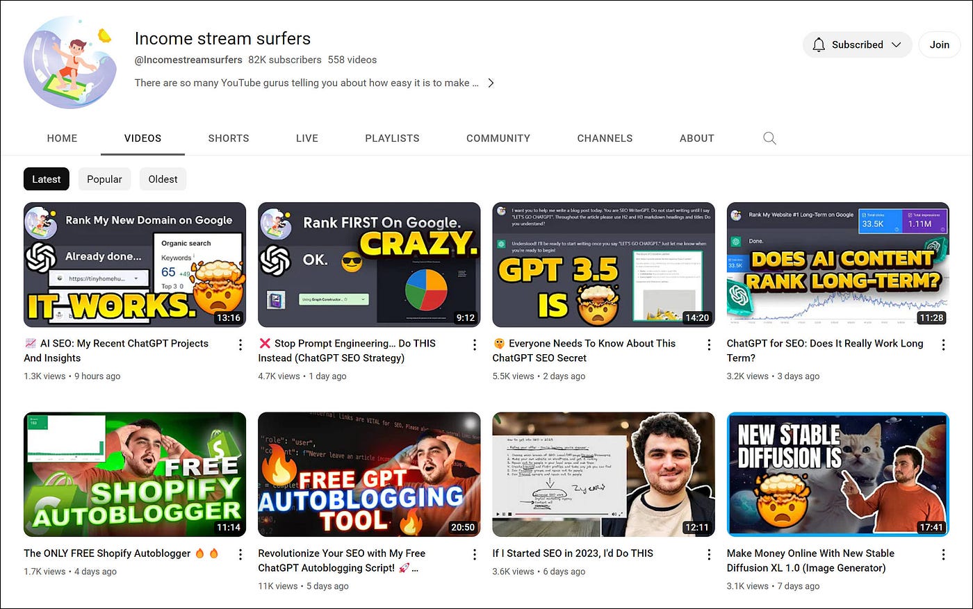 Screenshot of Income stream surfers YouTube videos page