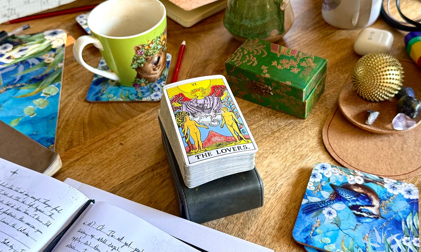 Morning ritual: coffee, notebooks, and tarot— Photo by author