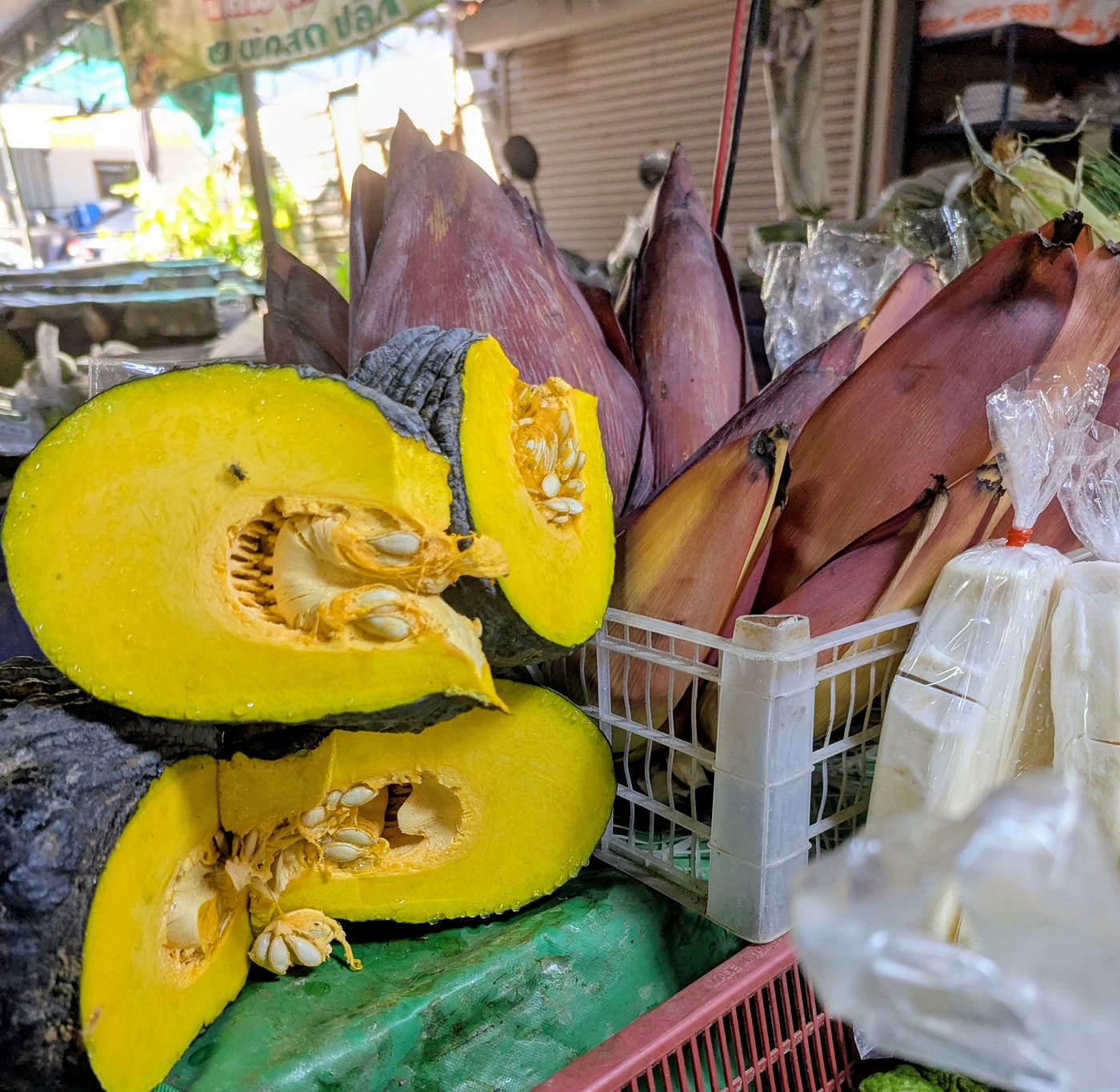 Thai pumpkin, banana flowers and of course a fly.