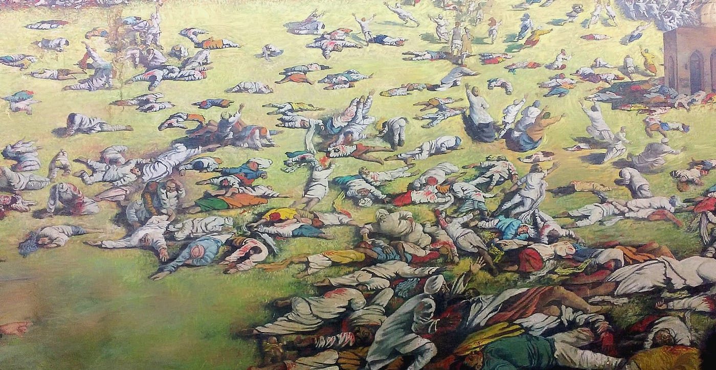 This artistic depiction captures the concentrated density of the crowd inside the garden during the firing. Image by JesusisGreat7, via Wikimedia Commons (CC BY 4.0).