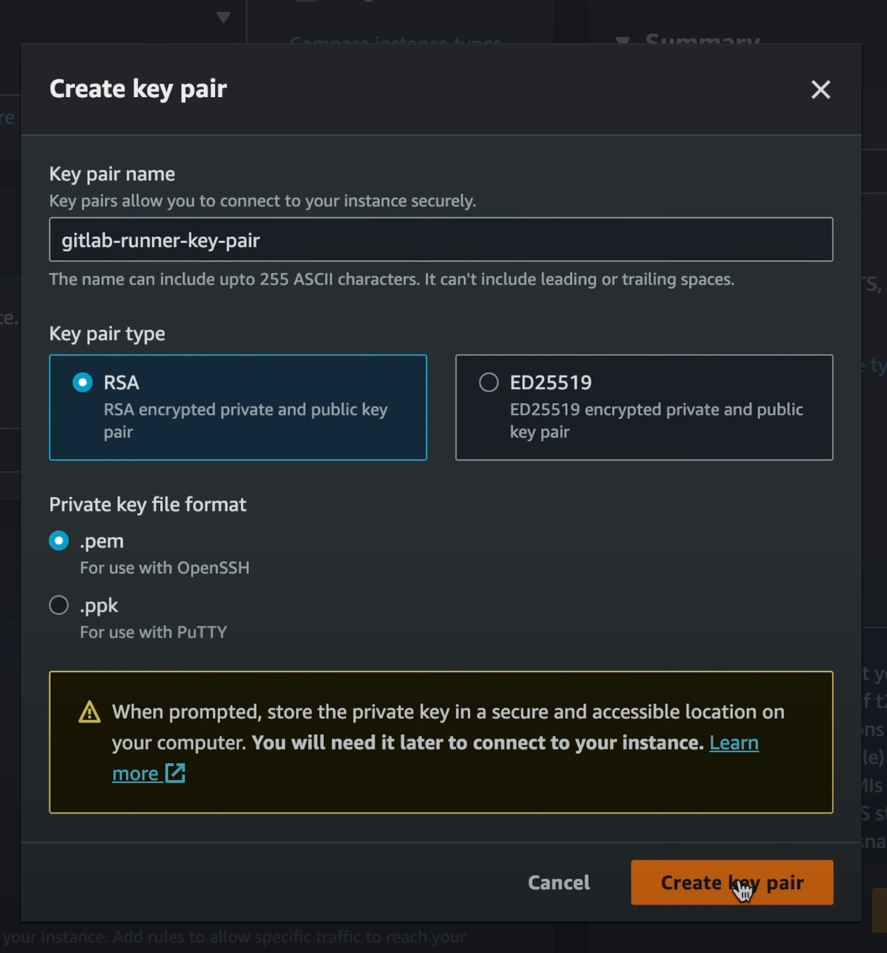 Creating an AWS EC2 instance key pair