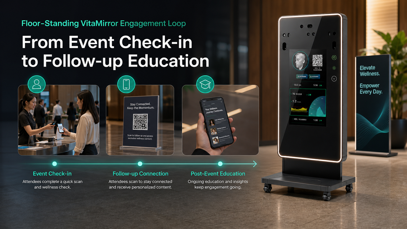 Floor-Standing VitaMirror Engagement Loop: From Event Check-in to Follow-up Education