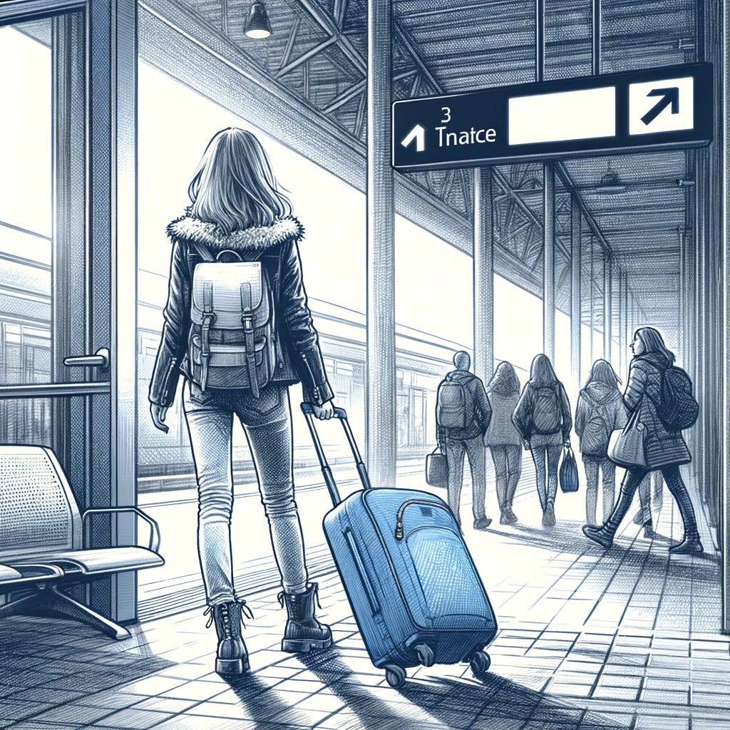 The first vignette of a storyboard (aka “baseline image). In the image there’s a young female student in a train station wearing a leather jacket, jeans, and boots. She has a backpack and a rolling suitcase and she’s heading to the train.
