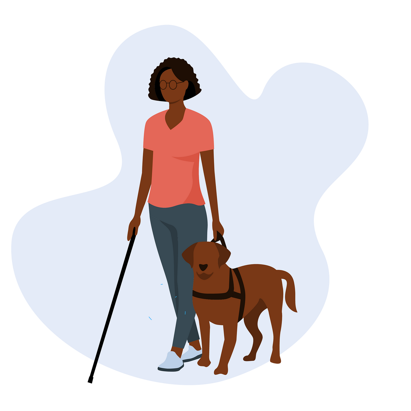 An illustration showing a woman with glasses and with visual impairments. She is using a guide cane and has a guide dog