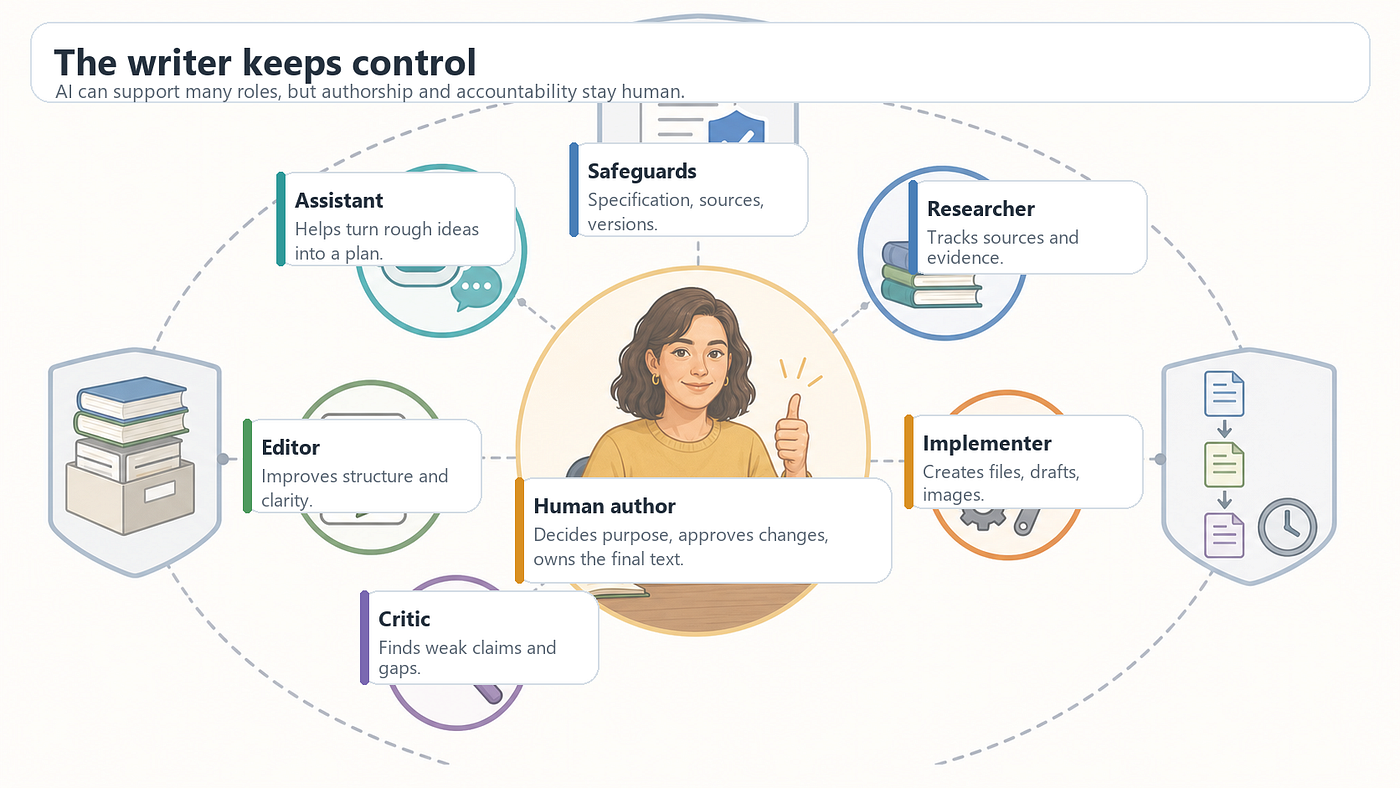 Figure 4. In SDA, the human remains author and decision-maker while the AI performs supporting roles. Source: author-created AI-assisted illustration.