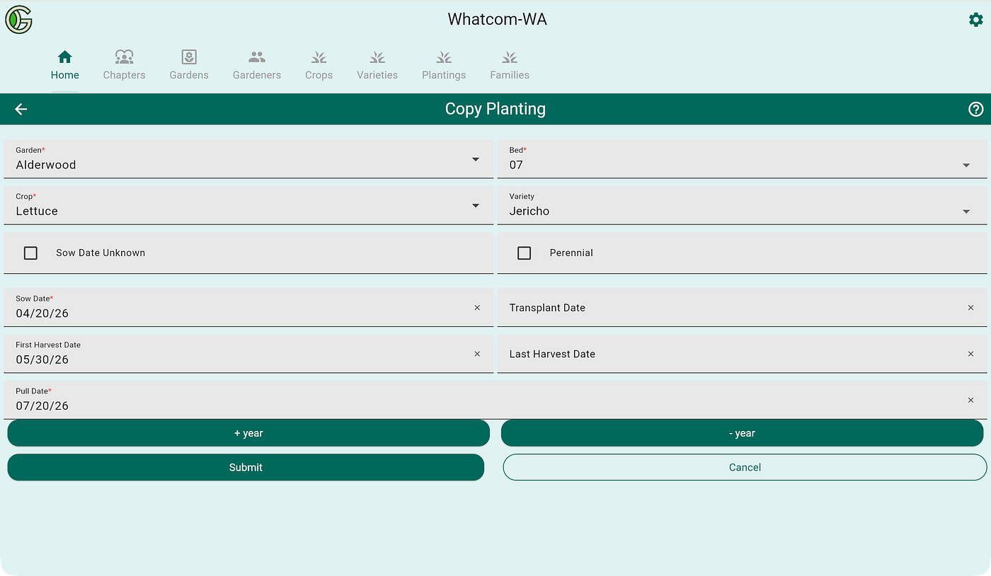 Using Copy Planting, adding new succession plantings is quick — just adjust the date fields to the new sow date and expected harvest and pull dates. You can also edit the variety or bed if needed.
