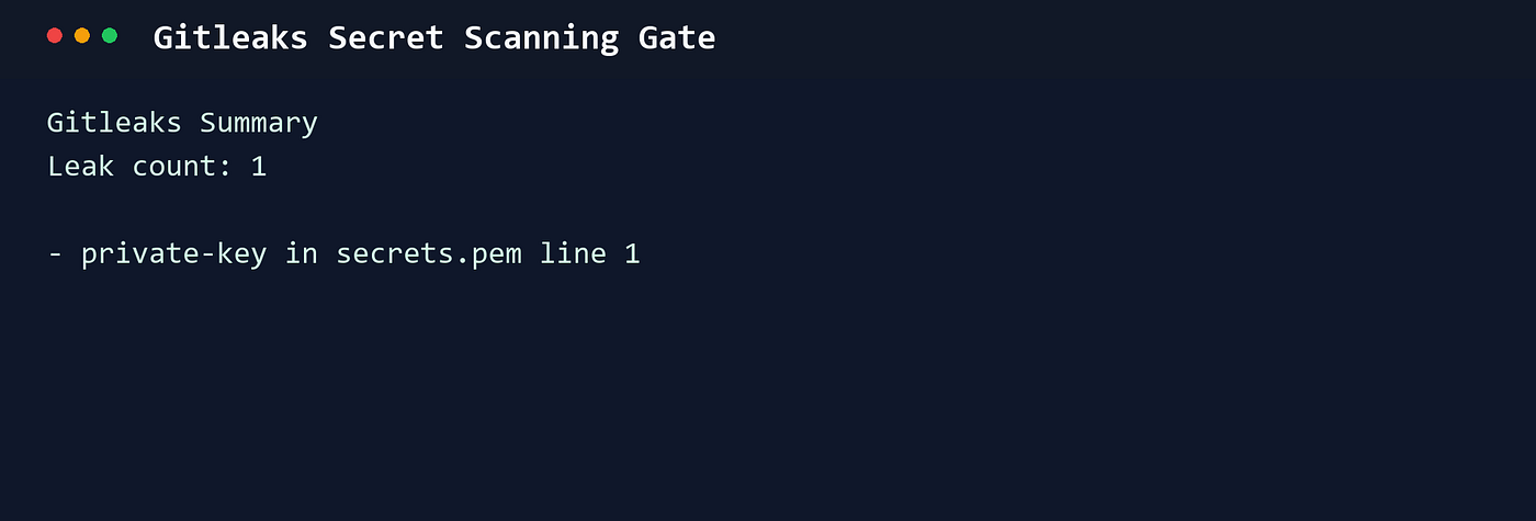Gitleaks secret scanning output.