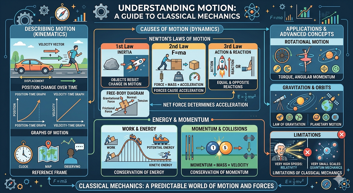 How does classical mechanics explain motion using the fundamental laws?