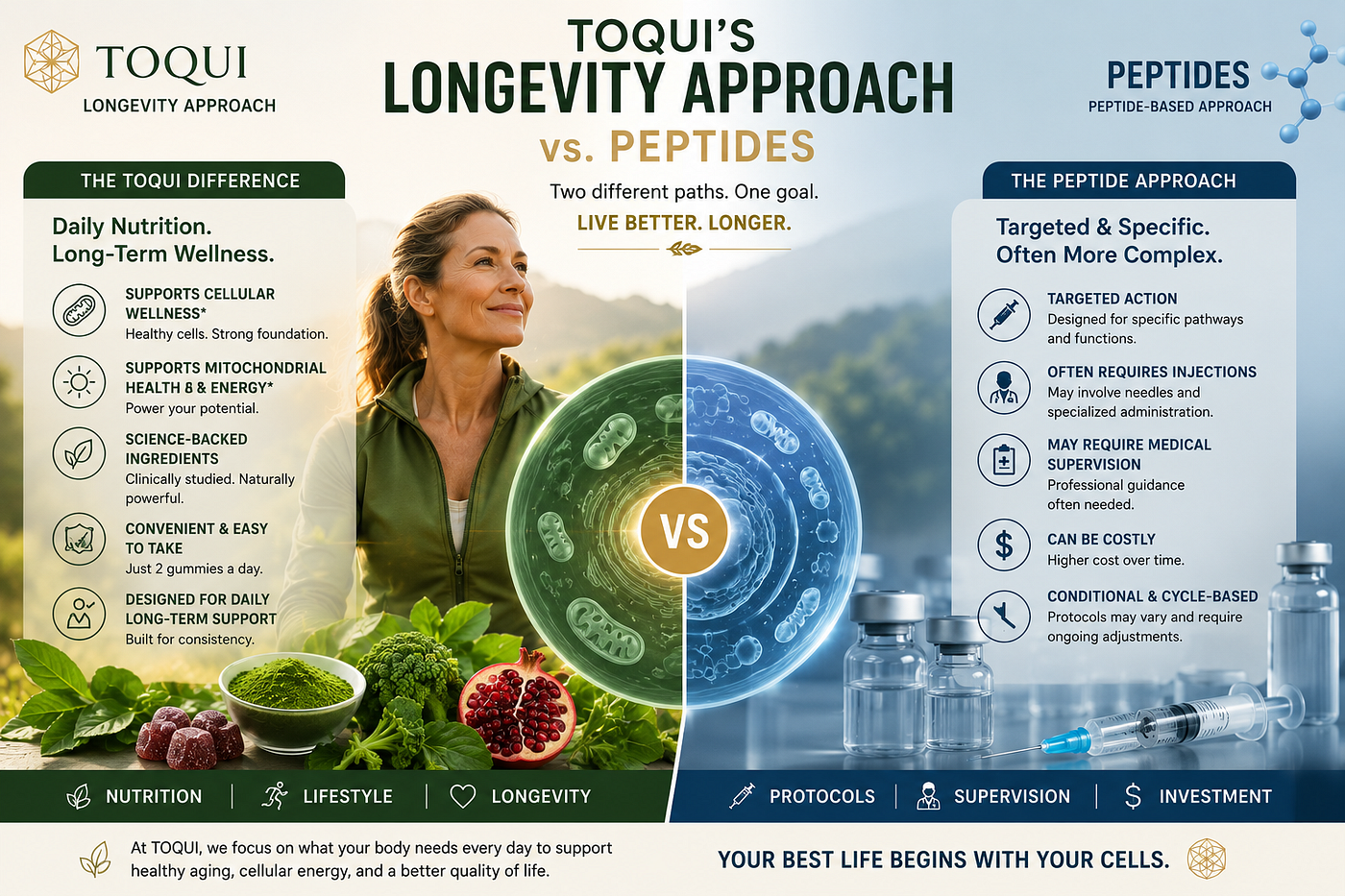 TOQUI’s Longevity Approach vs. Peptides: Understanding Two Different Paths to Healthy Aging